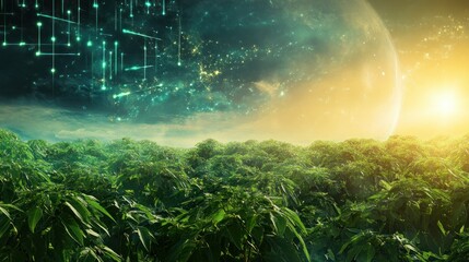 Lush Green Foliage Under a Starry Sky with a Distant Planet