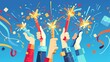 © ers - Hand holding firecracker design, with colorful ribbons and fireworks in the background, illustrative of a festive celebration. The color scheme is bright blue and red