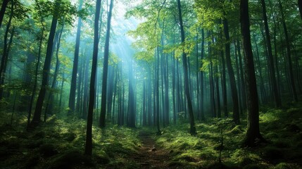 Poster - Sunbeams Filtering Through a Dense Foggy Forest