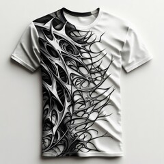 Artistic black and white graphic t-shirt design.