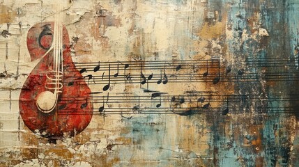 Wall Mural - Abstract Painting of a Guitar and Music Notes on a Weathered Canvas