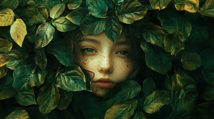 Wall Mural - Woman's Face Emerging from Lush Green Foliage