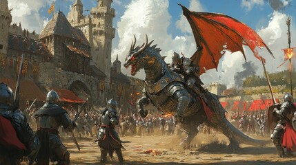 Wall Mural - A knight riding a armored dragon charges into battle before a medieval castle.