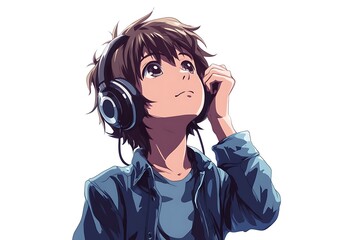 Wall Mural - Anime boy listening to music with headphones.  Concept of enjoyment, relaxation, and entertainment