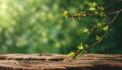 Wall Mural - Lush Green Sprouts on Tree Trunk with Summer and Spring Vibes in an Expansive Copy Space