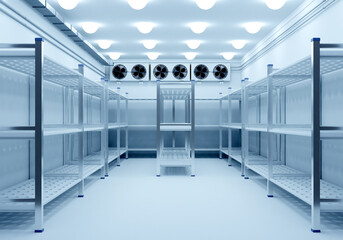 Refrigeration chamber for food storage. A warehouse with metal shelves. 3d image