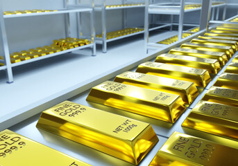 Investments in gold.  Trading on precious metals market. Golden futures. Investment in gold mining company. Golden metal price forecast. Storing gold in a bank vault 3d image