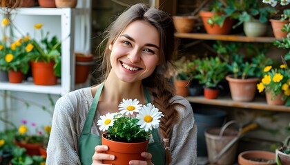 Joyful woman nurturing blossoms in vibrant springtime garden, embracing relaxed home gardening lifestyle with a daisy flower pot