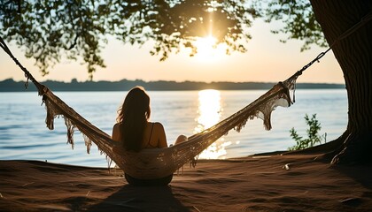 Wall Mural - serene riverside hammock escape with a woman enjoying sunlight through tree shade at dusk