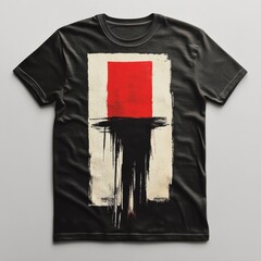 Black t-shirt with abstract red and black artwork design.