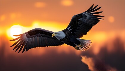 Wall Mural - Majestic silhouette of a White-tailed eagle soaring against a vibrant sunset backdrop