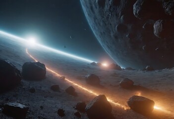 Wall Mural - a tunnel formed by asteroids orbiting around a distant planet, with glowing cosmic dust and debris s