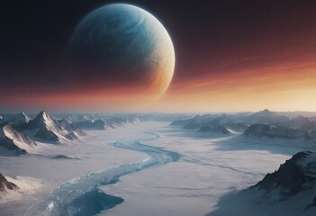 Wall Mural - a small frozen planet with vast icy plains and glaciers, orbited closely by a massive, glowing gas g
