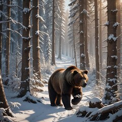 A brown bear in a snowy forest