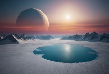 Wall Mural - a small frozen planet with vast icy plains and glaciers, orbited closely by a massive, glowing gas g