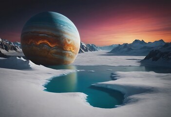 Wall Mural - a small frozen planet with vast icy plains and glaciers, orbited closely by a massive, glowing gas g