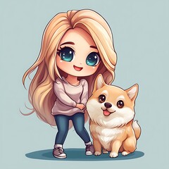 Cute chibi girl with a happy Shiba Inu dog. Cartoon illustration of best friends