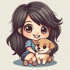 Cute chibi girl with puppy cartoon illustration. Adorable anime character with pet