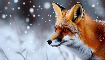 Red fox nestled in winter snow, showcasing its vibrant fur against a serene winter landscape