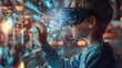 © Alien - Child uses a futuristic processor for augmented reality. high technology and communication concept. Science technology concept. Education new technology.