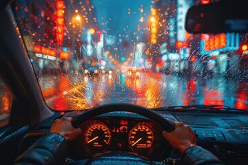 Nighttime urban driving experience in rain with blurred city lights and reflections