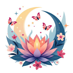 Wall Mural - A vibrant lotus flower is surrounded by butterflies, crescent moons, and stars