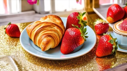 Wall Mural - Cappuccino plate, croissants and strawberries on the table, still life with flowers, crunchy buns