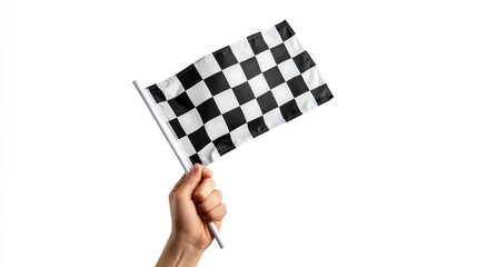Wall Mural - flag in hand with black and white checkered pattern fluttering in the wind on a clean white backgrou