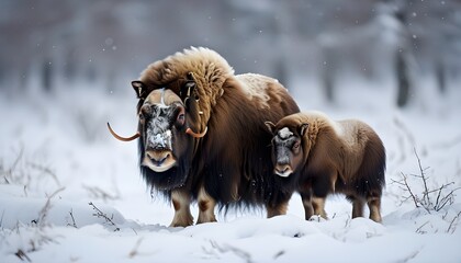 Wall Mural - Musk Ox and Calf Amidst a Winter Wonderland