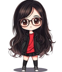 Poster - Cute chibi girl with long black hair wearing glasses, red shirt, and black jacket