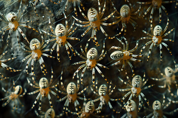 Spiders background. Halloween decorations. Spider background. . Flat lay, top view. Captivating Arachnid Surrealist Spider s Intricate Web Patterns in Moody Darkness Showcasing the Delicate Silk Stran