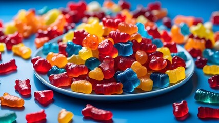 On a blue platter are different kinds of gummy candy, gummy bears, stock images, Adobe stock, viral, trending, and best-selling content
