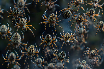 Spiders background. Halloween decorations. Spider background. . Flat lay, top view. Captivating Arachnid Surrealist Spider s Intricate Web Patterns in Moody Darkness Showcasing the Delicate Silk Stran