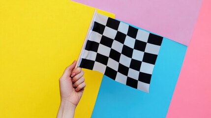 Wall Mural - flag in hand with black and white checkered pattern fluttering in the wind on a clean white backgrou