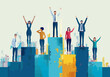 © Perfect Vector - Top Office Workers Celebrating Success on Podium, Best Colleagues Ranked, Business Team Achievement, Winner Stage, Minimalistic Vector Illustration