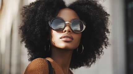 Wall Mural - Stylish woman with afro hair wearing sunglasses posing outside