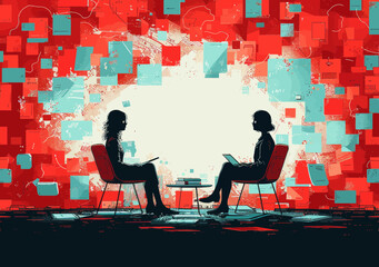 Poster - Two Professionals Engaging in Serious Conversation with Digital Background, Modern Business Communication Concept, Minimalistic Vector Illustration