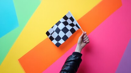 Wall Mural - flag in hand with black and white checkered pattern fluttering in the wind on a clean white backgrou