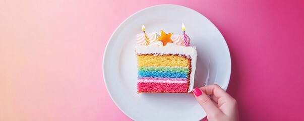 Woman hand taking slice of rainbow birthday cake on plate