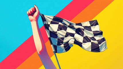 Wall Mural - flag in hand with black and white checkered pattern fluttering in the wind on a clean white backgrou