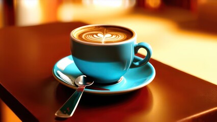 Cup of coffee sitting on a saucer, on a table, cozy cafe background