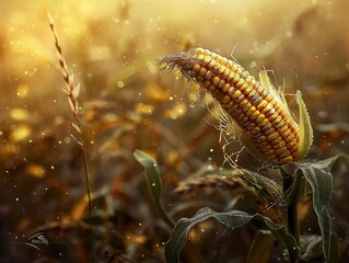 Wall Mural - Golden Corncob in a Dewy Field