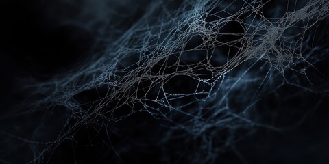 A close-up of a spider web with intricate details and a dark, moody background.