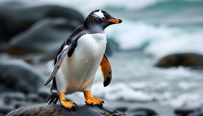 Wall Mural - Gentoo penguins strolling across rocky shores in a coastal landscape