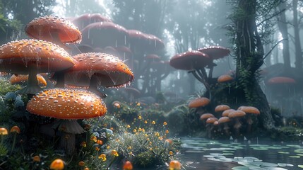 Poster - Enchanted Forest with Rain and Mushrooms