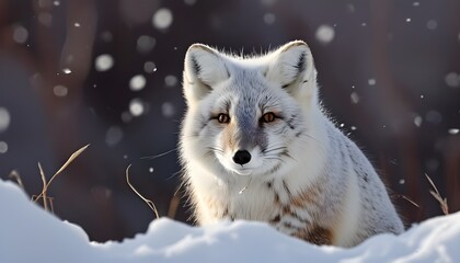 Wall Mural - Intricate details of an Arctic fox amid a serene snowy landscape