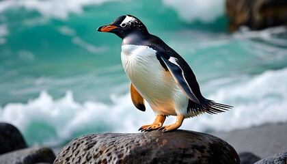 Wall Mural - Gentoo penguins strolling across rocky shores in a coastal landscape