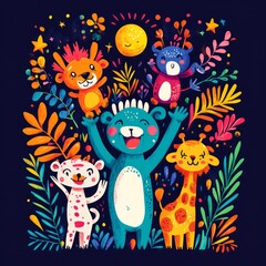 Sticker - Colorful cartoon animals celebrating in a vibrant scene.