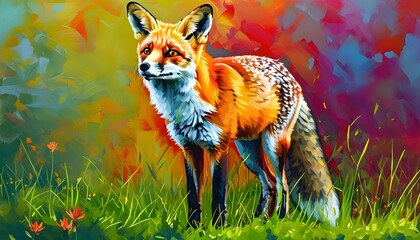 Vibrant red fox poised elegantly on lush green grass amidst a kaleidoscope of colors