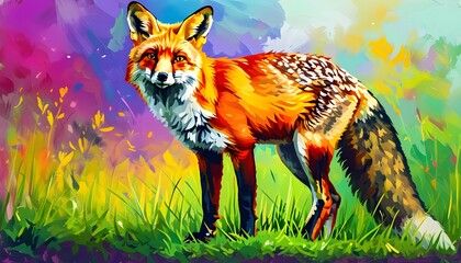 Vibrant red fox poised elegantly on lush green grass amidst a kaleidoscope of colors